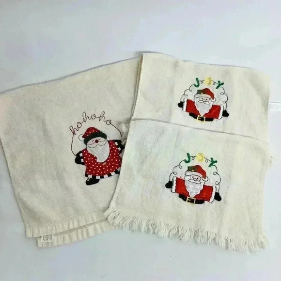 Towel Set 3 PC Bathroom Vintage Embroidered Christmas Santa Claus Cotton USA - Picture 1 of 2